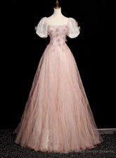 Pink Square Neck Tulle Sequins Puff Sleeve Beading Prom Dress